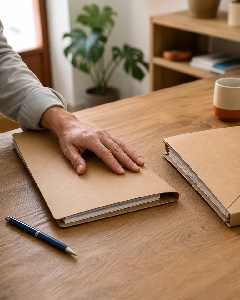 Una mano cierra con calma una carpeta de papel sobre la mesa de trabajo