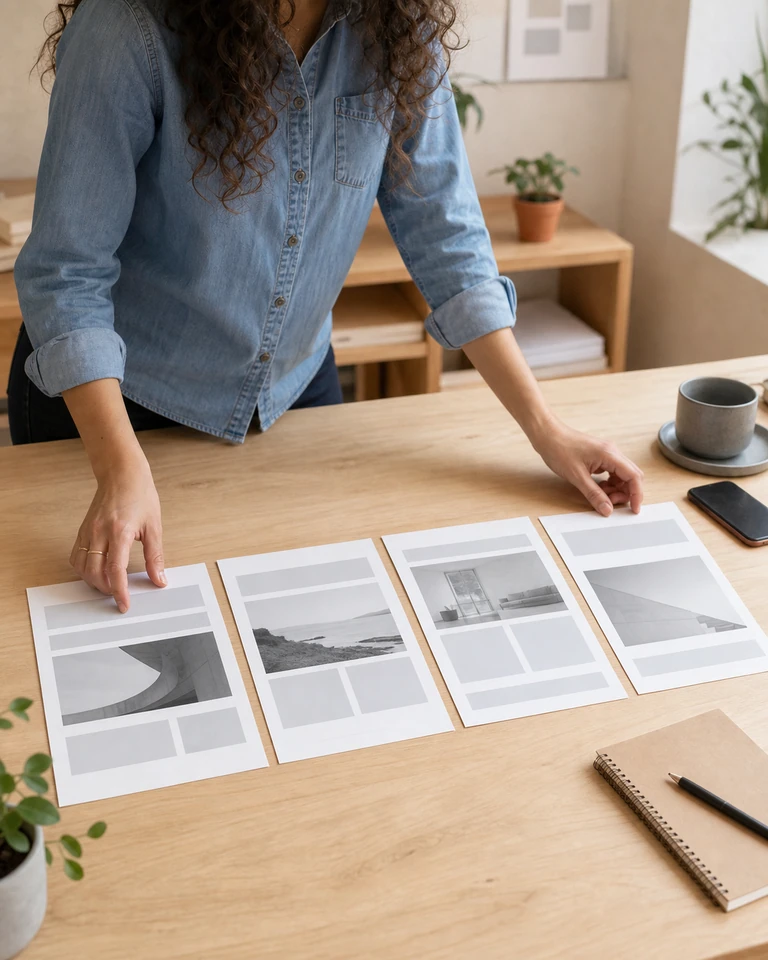 Una persona coloca sobre la mesa cuatro maquetas impresas de páginas web