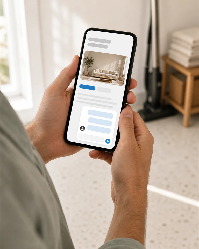 Una persona con el móvil en un piso luminoso y una conversación abierta en la web móvil de una empresa de limpieza