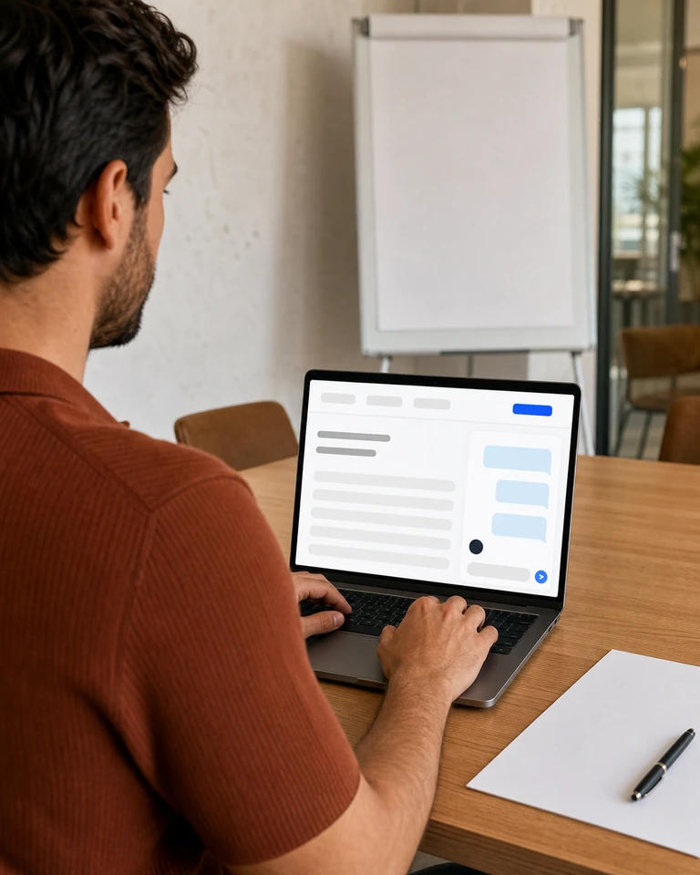 Un portátil en una sala de reuniones junto a unos documentos impresos con una conversación abierta en el sitio de la consultora