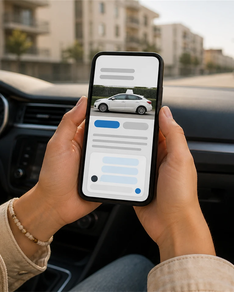 Una persona con el móvil en un coche aparcado y una conversación abierta en la web móvil de una autoescuela