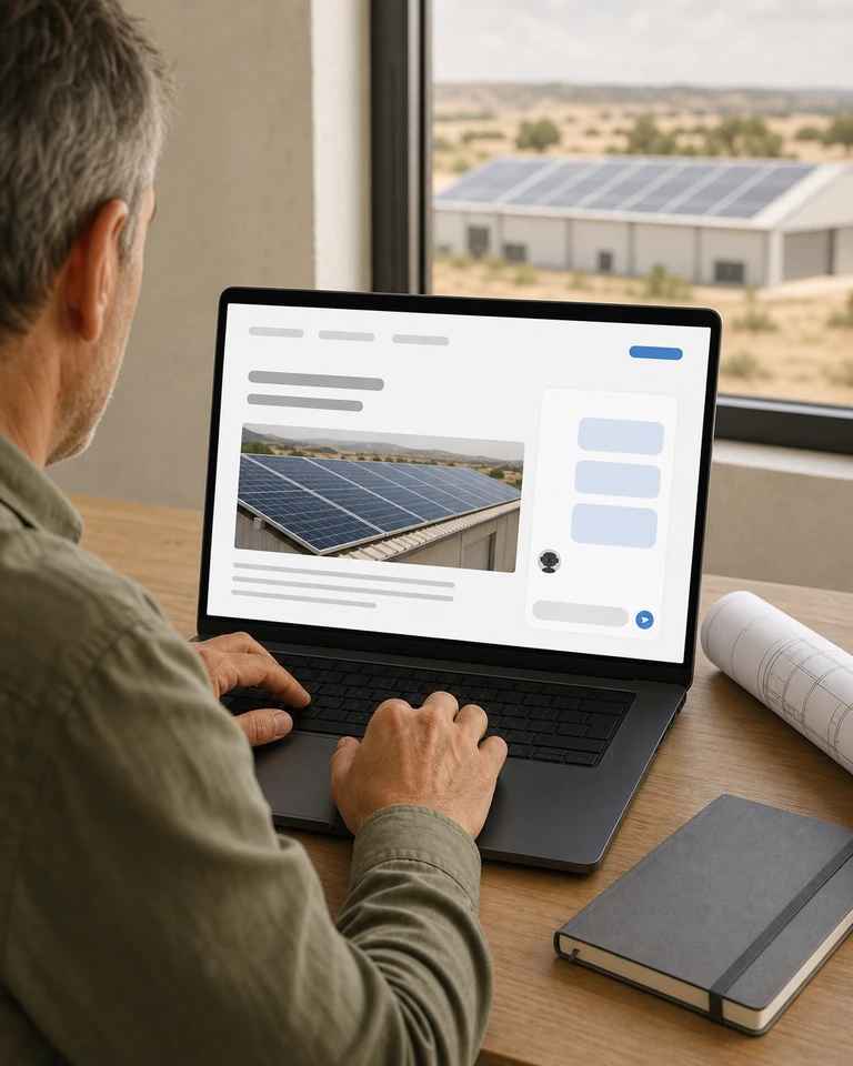 Un portátil junto a una ventana con una conversación sobre un cálculo abierta en el sitio de una empresa de energía