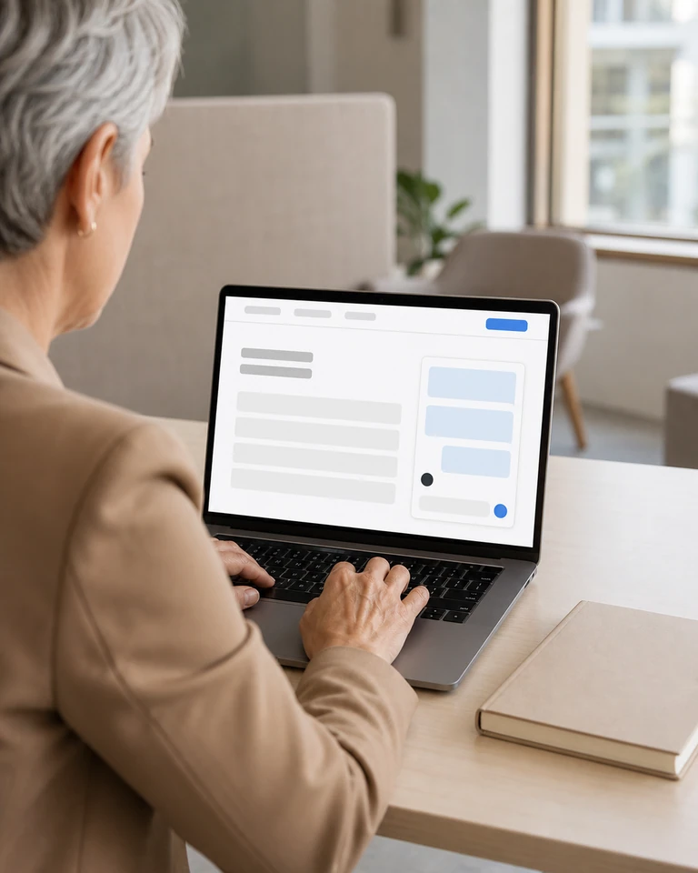 Un portátil en la oficina de una empresa financiera con una conversación con un cliente abierta en el sitio