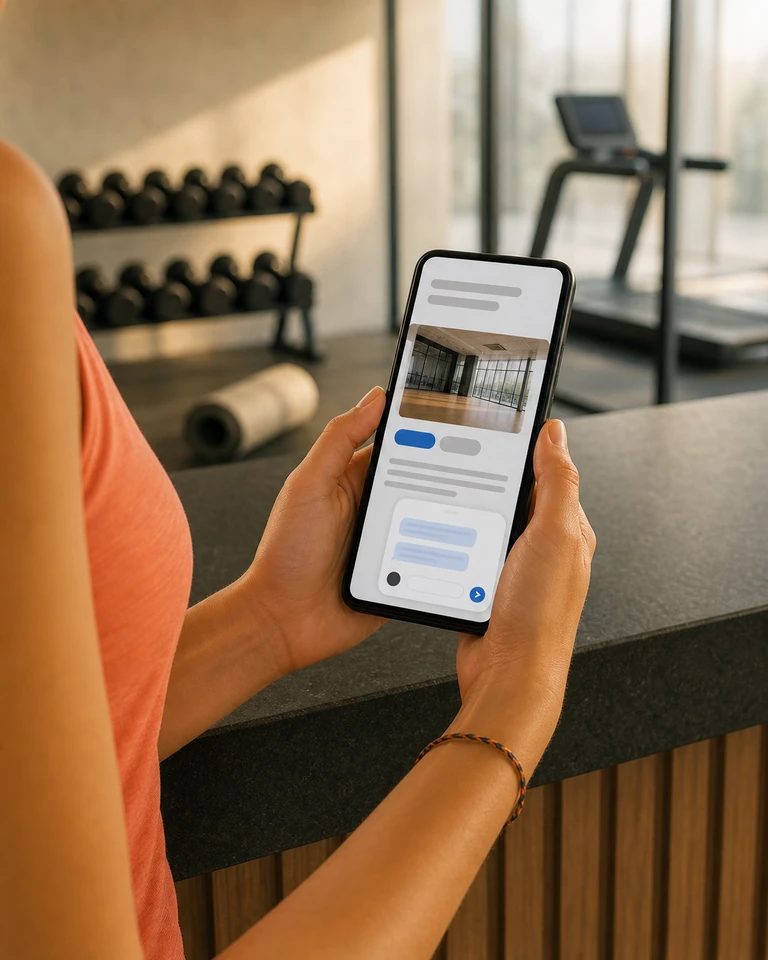 Por la mañana en un gimnasio, una persona en recepción con el móvil y una conversación abierta en la web móvil del club