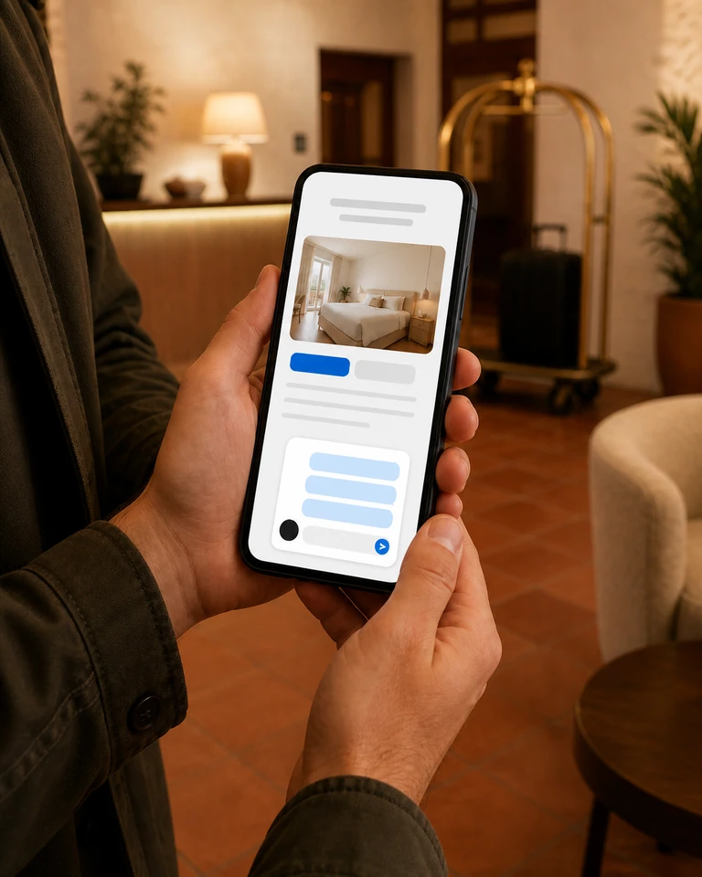Una persona con el móvil en el vestíbulo de un hotel y una conversación abierta en la web móvil del hotel