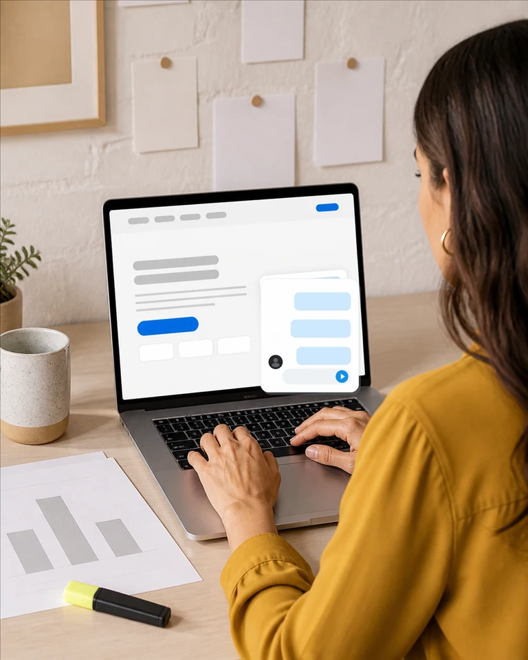 Un portátil en la mesa de un profesional de marketing con una conversación abierta junto al formulario de una landing