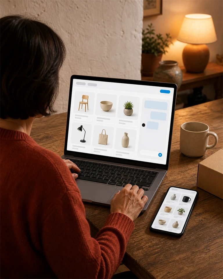 Un portátil en casa por la noche con una tienda online y una conversación sobre disponibilidad abierta en el sitio