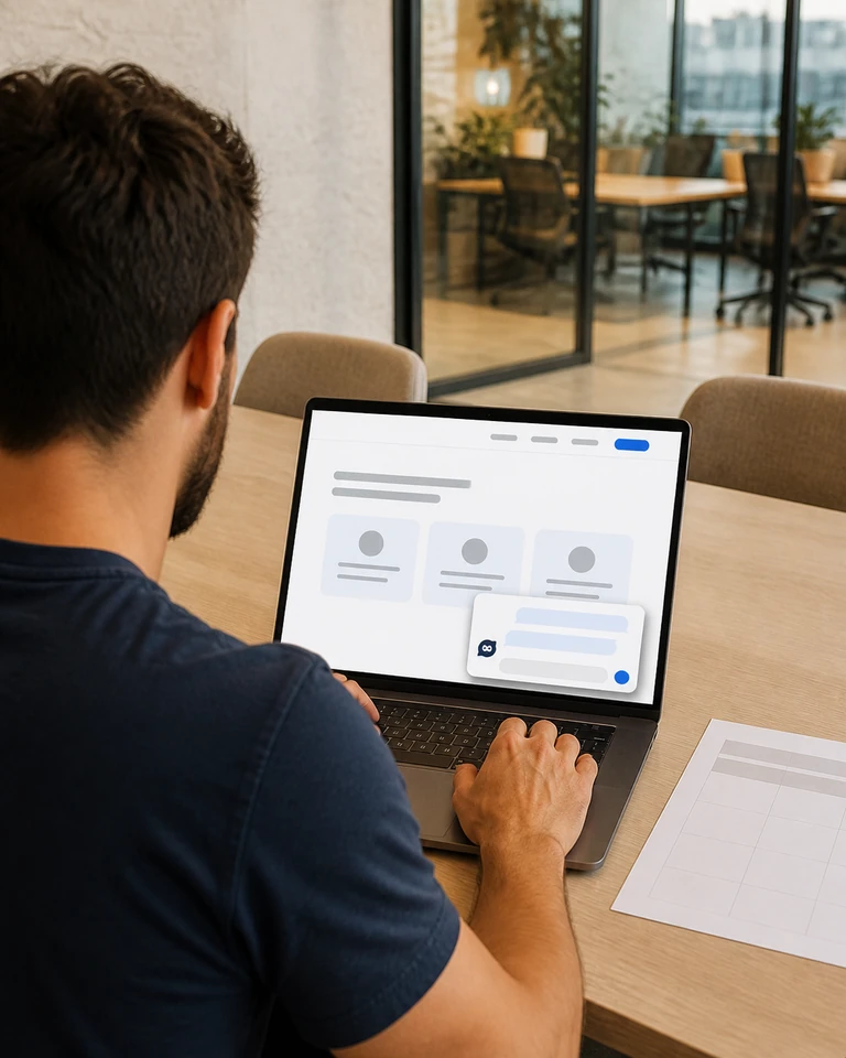 Un portátil en un espacio de trabajo compartido con una conversación abierta en el sitio de una empresa de externalización