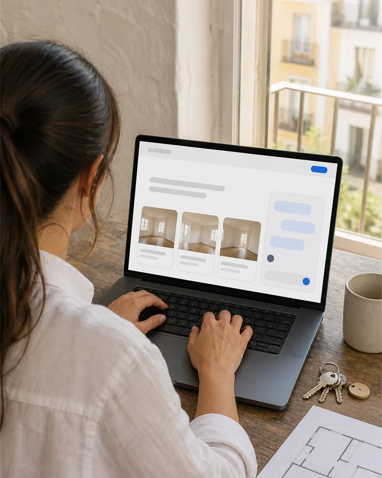 Un portátil junto a una ventana al lado de un plano, con una conversación sobre la búsqueda abierta en el sitio de la inmobiliaria