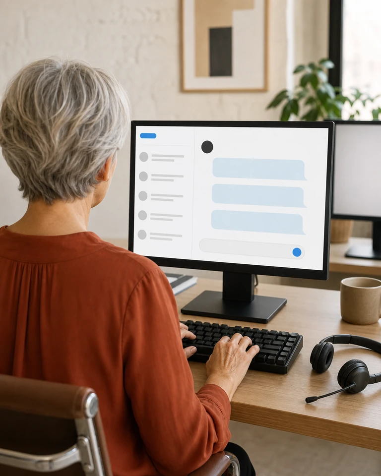 Un agente de una operadora ante su monitor con una conversación sobre la cobertura en una dirección
