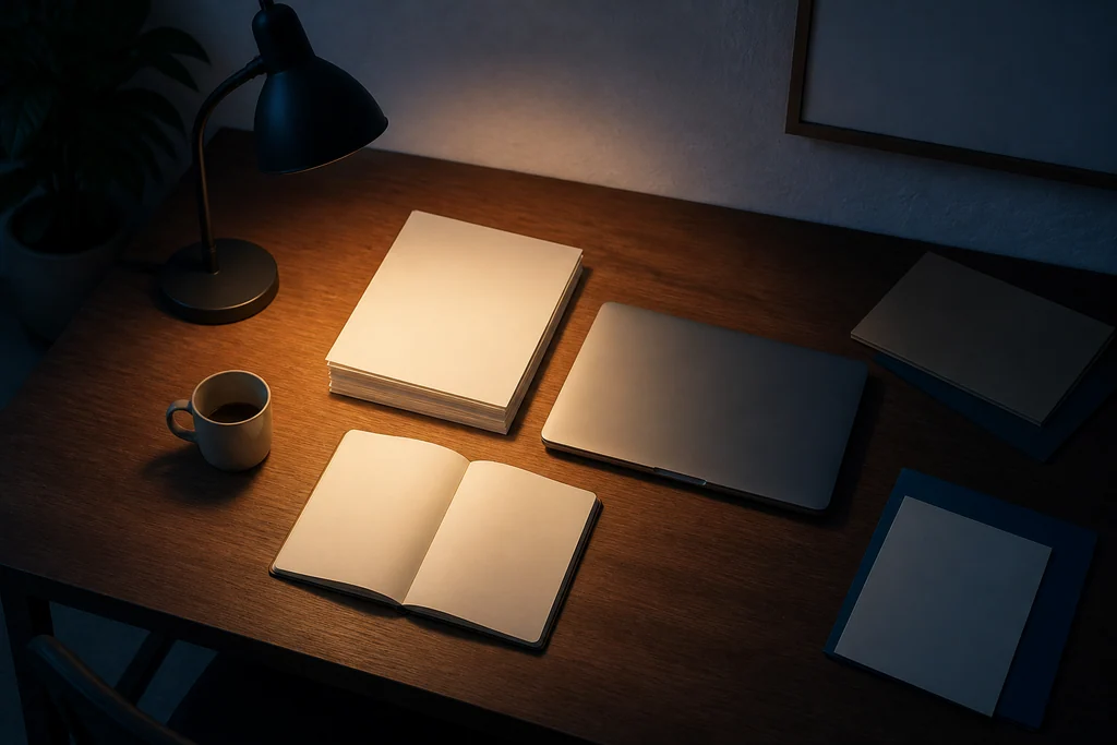 Un flexo ilumina un círculo de documentos sobre la mesa y luego llegan el borde de la luz y la sombra