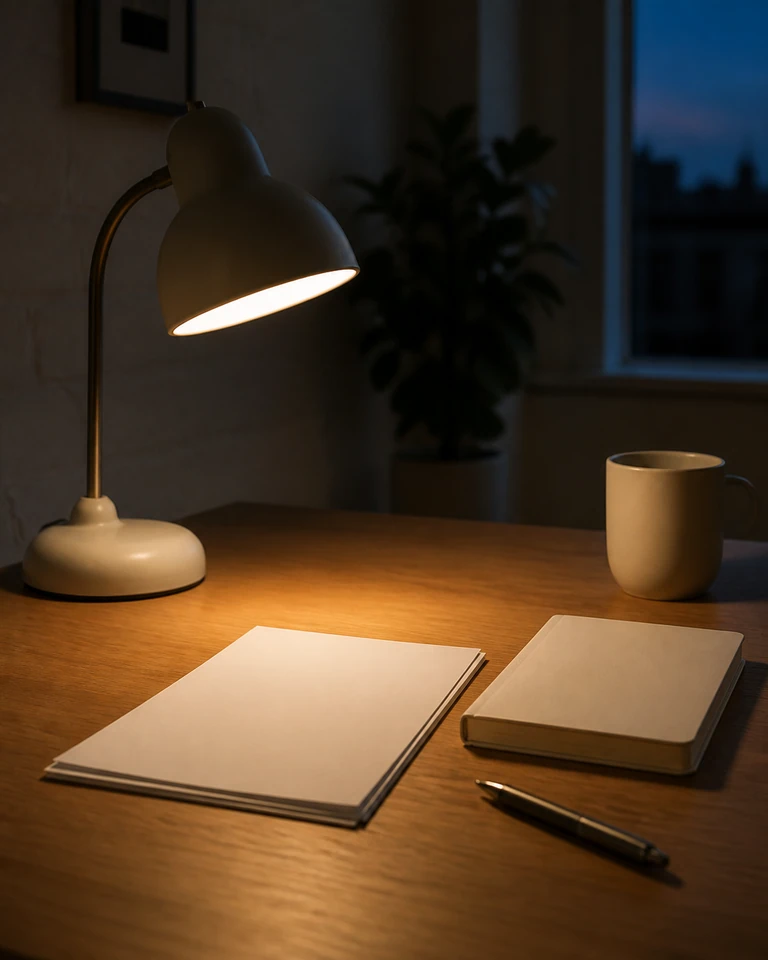 Un flexo ilumina un círculo de papeles sobre la mesa y más allá empieza la sombra
