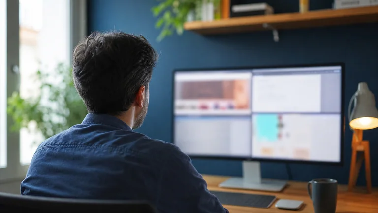 Una persona recostada en su silla frente a un monitor con cuatro páginas distintas