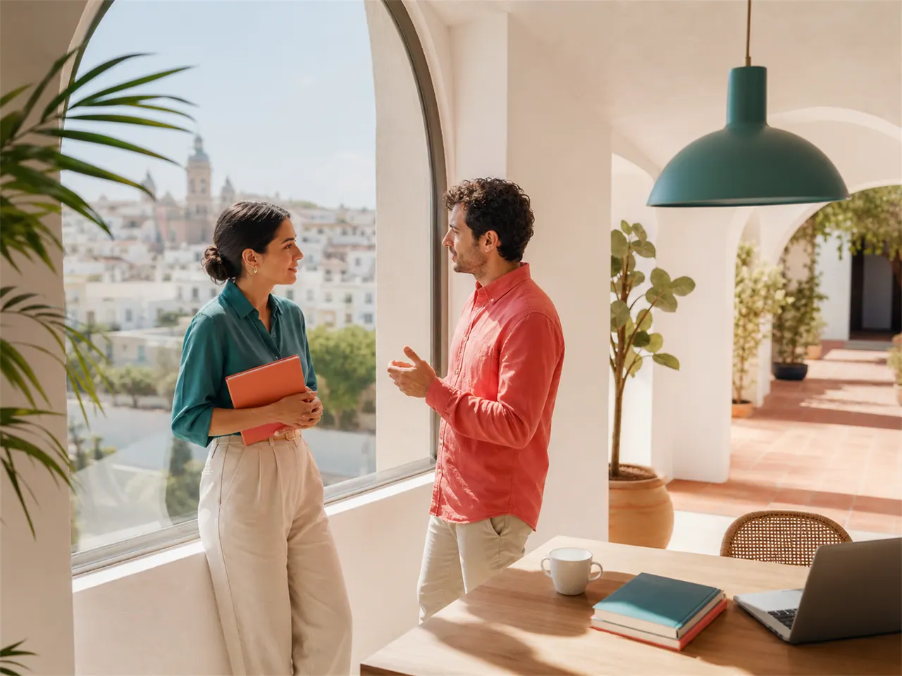 Dos compañeros hablan junto a una ventana
