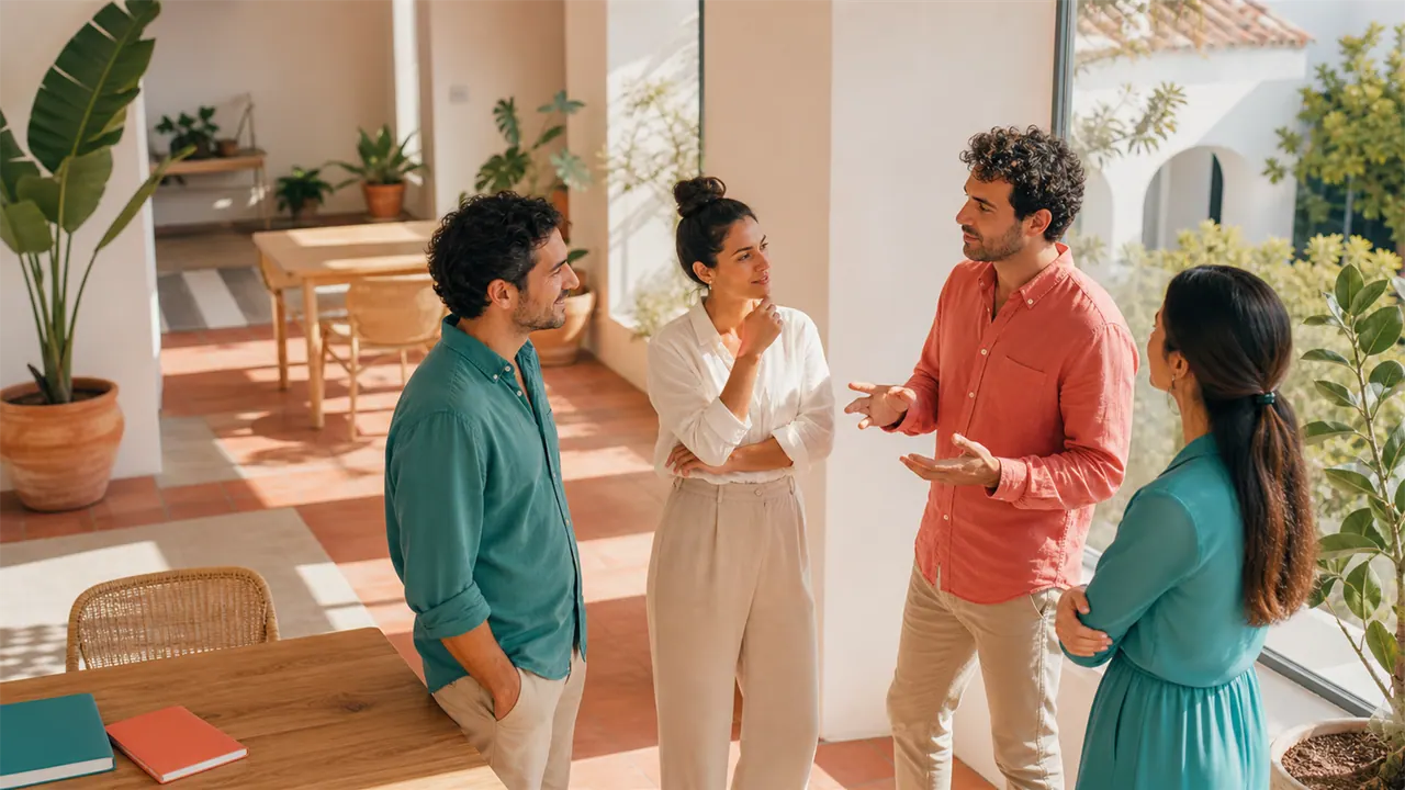Un equipo pequeño de pie junto a una ventana, conversando