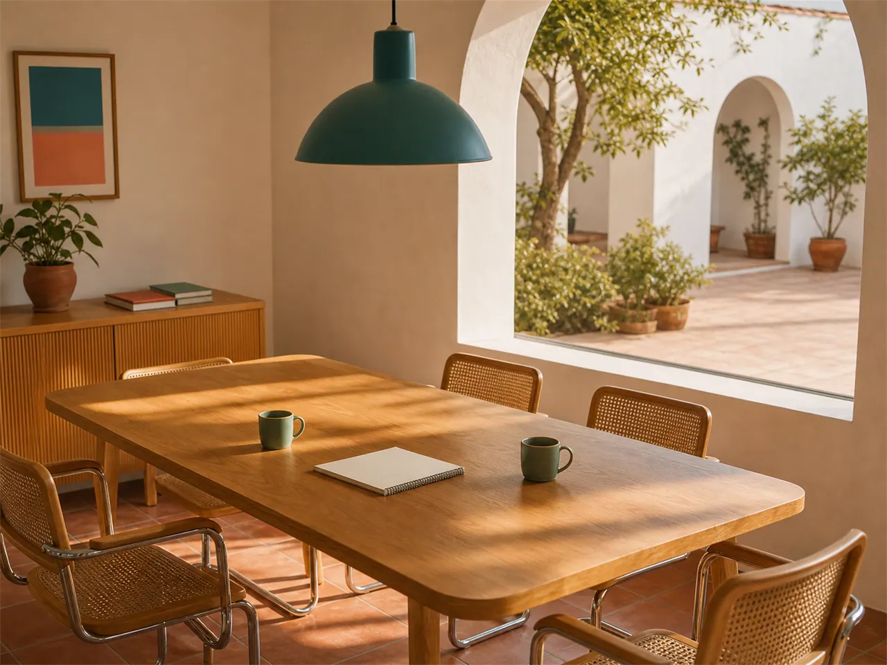 Una sala de reuniones vacia al atardecer con dos tazas y un cuaderno