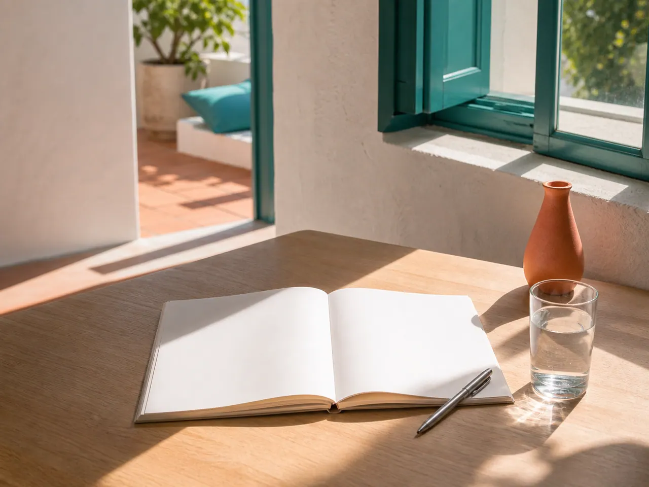 Un cuaderno abierto, un boligrafo y un vaso de agua sobre un escritorio con luz suave