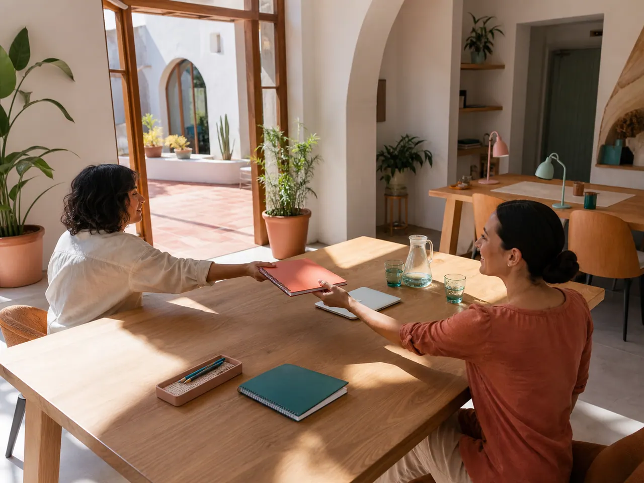 Una persona pasa un cuaderno a un compañero al otro lado de la mesa