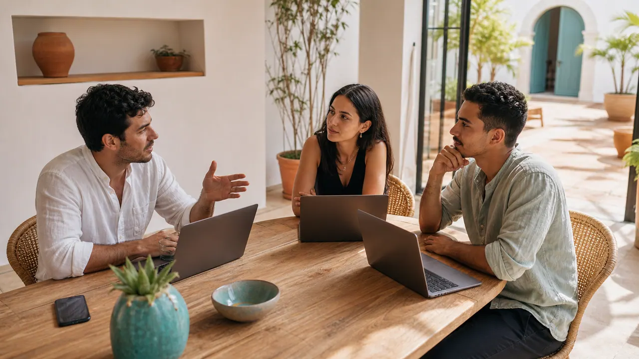 Un equipo pequeño alrededor de una mesa con portatiles, conversando