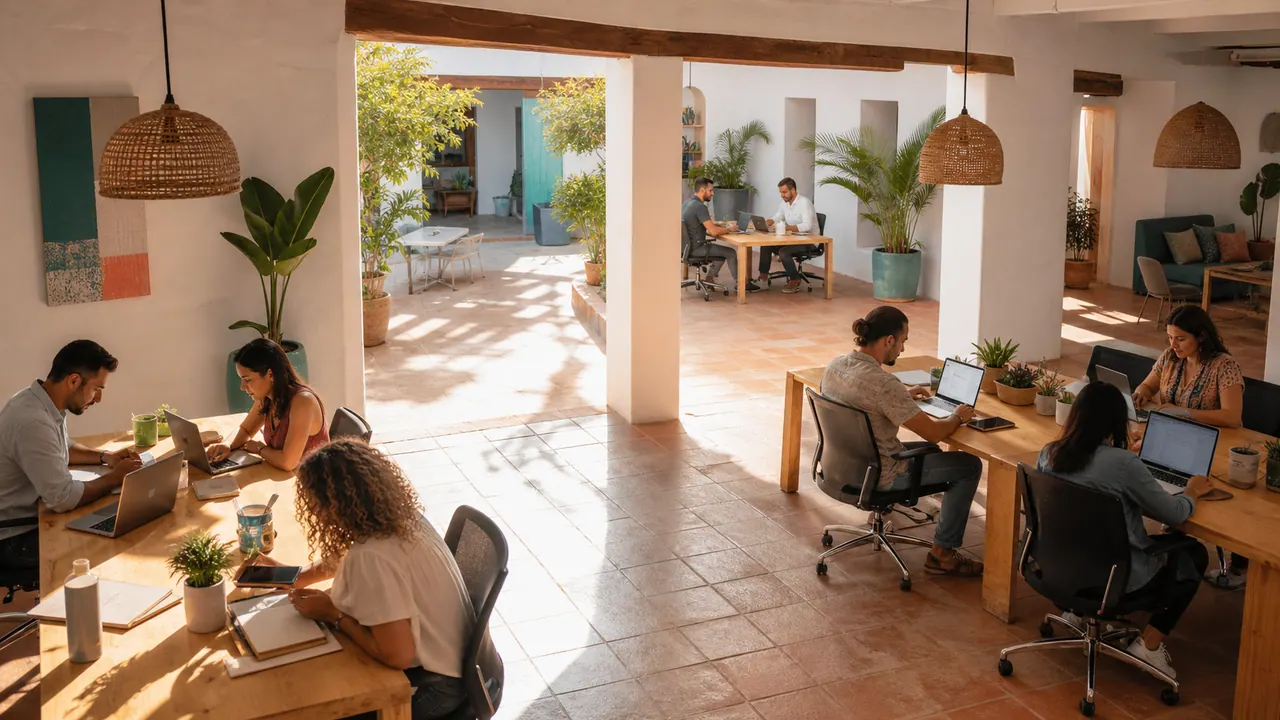 Un espacio de trabajo compartido con varios equipos pequeños en sus mesas