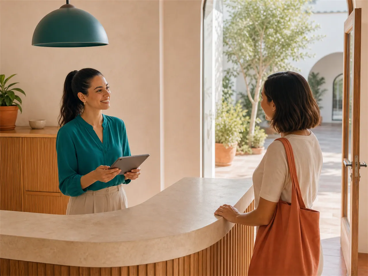 Una recepcionista con una tableta recibe a una visita que llega
