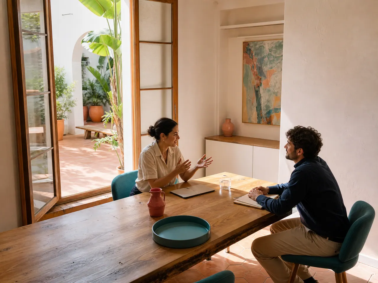 Dos profesionales en una sala tranquila, uno explicando algo