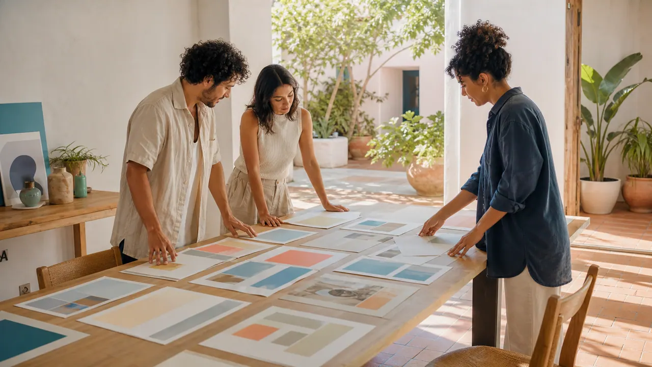Un equipo de agencia revisa maquetas impresas sobre una mesa grande