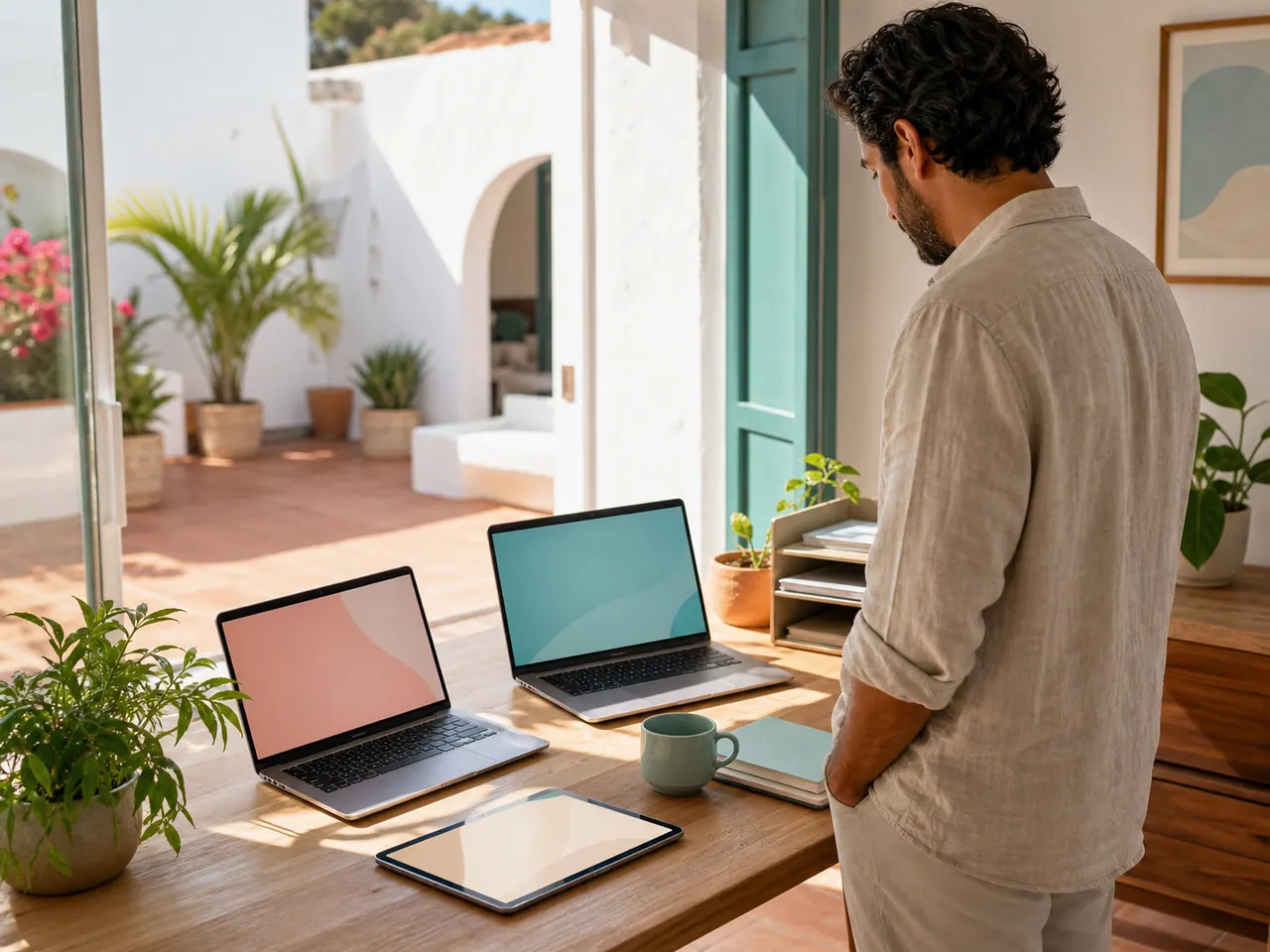 Una persona con varios portatiles abiertos gestiona más de un proyecto