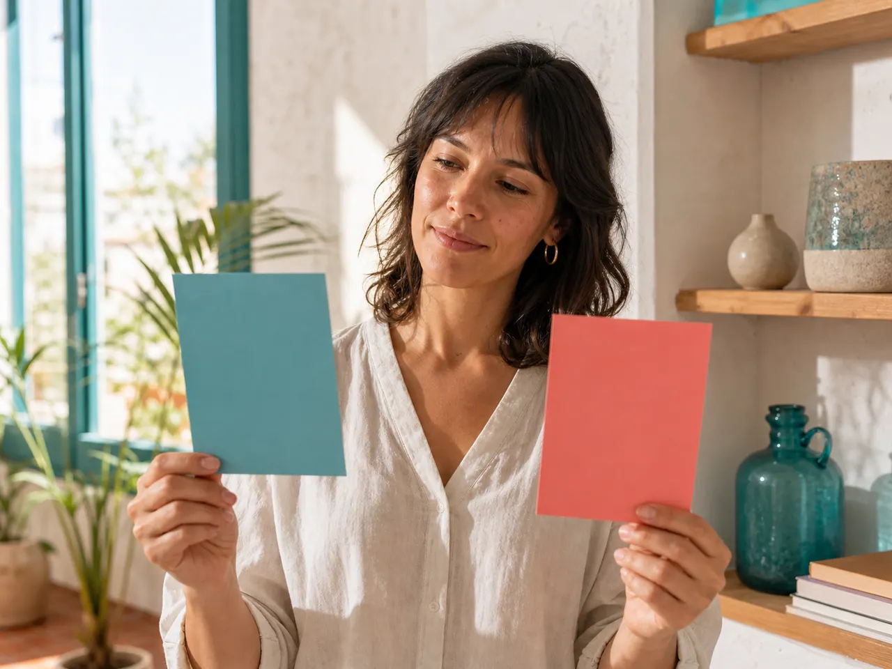 Una disenadora compara dos tarjetas en blanco a la luz del día