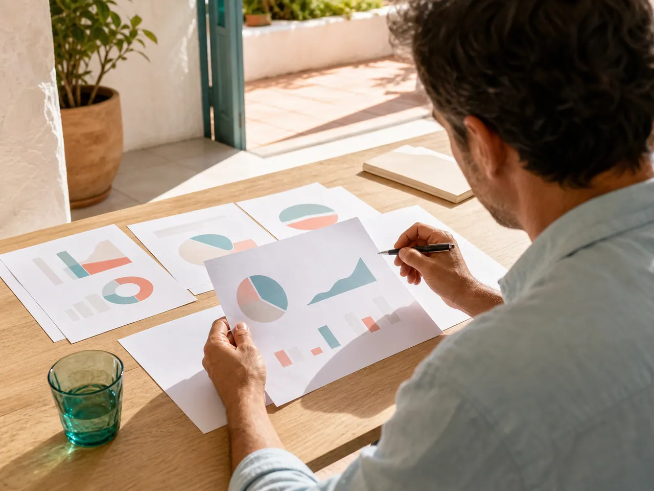 Una persona estudia gráficos impresos en papel con un boligrafo en la mano